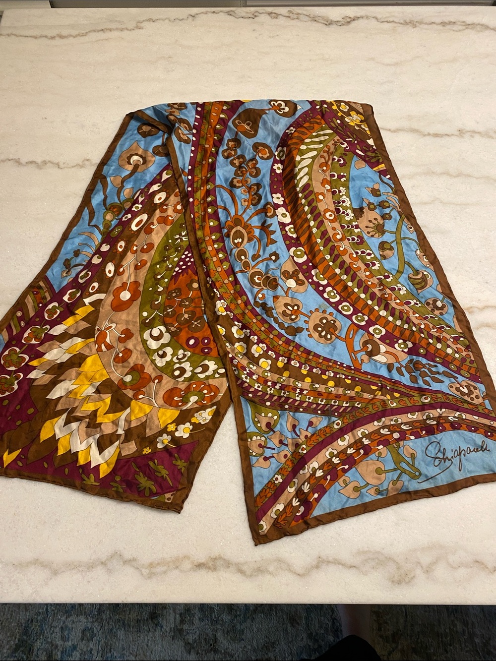 Paisley Silk Scarf in Sky Blue and Brown